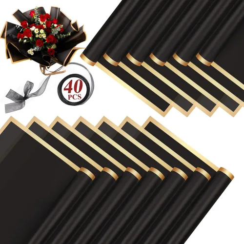 RowinsyDD 40 hojas de papel de regalo de flores negras, papel de embalaje impermeable para ramos de flores, embalaje de regalo de 22.8 x 22.8 Negro