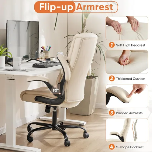 Miniatura 6 de Sweetcrispy Silla de oficina ergonómica de escritorio de alta resistencia con brazos abatibles, de cuero sintético, silla ajustable giratoria