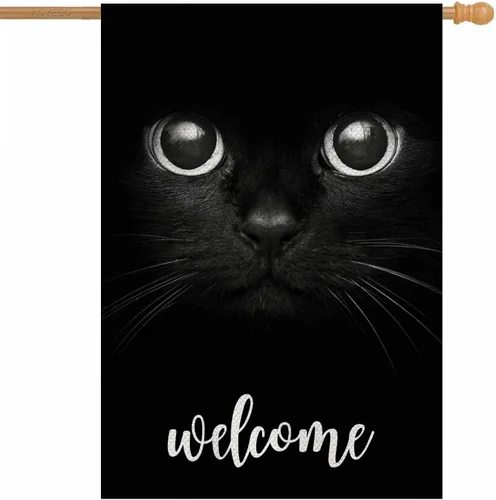 Miniatura 16 de AOYEGO Bandera vertical de bienvenida para casa de gato, arpillera de doble cara, gato negro con ojos amarillos, decoración de temporada al aire