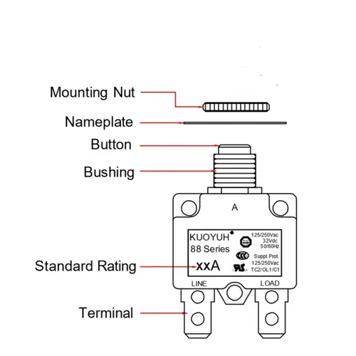 Miniatura 5 de KUOYUH Serie 88 125/250VAC 32VDC 50/60Hz Disyuntor de Sobrecarga Térmica 3-30A (5A)