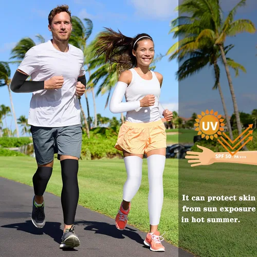 Miniatura 6 de Geyoga 2 pares de mangas de compresión de longitud completa para piernas para hombres y mujeres, fútbol (negro, blanco, talla XS)
