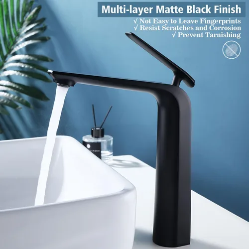 Miniatura 2 de TOCALOCA Grifo de baño negro alto para lavabo de baño, grifo de lavabo de baño negro mate, manija única 1 agujero mezclador de agua fría y caliente