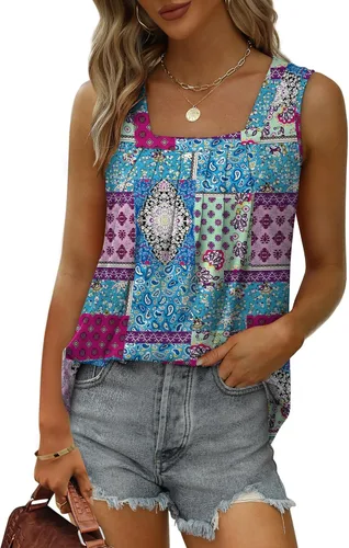 Miniatura 47 de Saloogoe - Camisetas sin mangas veraniegas para mujeres, plisadas con cuello cuadrado y dobladillo curvado, blusas de ajuste holgado con movimiento