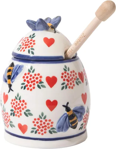 Miniatura 12 de ZOOBEE Tarro de miel de cerámica de 10 onzas con tapa y tapa pintada a mano con diseño natural, pequeño recipiente portátil para miel para cocina