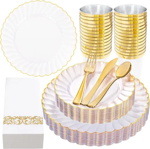 Miniatura 12 de YOUBET - 350 piezas de platos de plástico negro y dorado - Juegos de vajilla desechable dorada para 50 invitados - 100 platos de plástico, 150