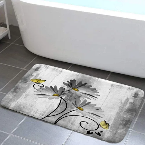 Alfombra de Baño Rústica de Granja, Alfombra de Baño de Flores de Margaritas Grises de Granja, Mariposas de Campo, Alfombra de Baño de Madera para