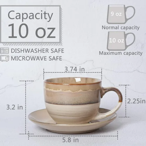 Miniatura 2 de Bosmarlin Juego de 2 tazas y platillo de cerámica para capuchino, 10 onzas, tazas de café para café con leche, expreso, té, lavavajillas y Marrón