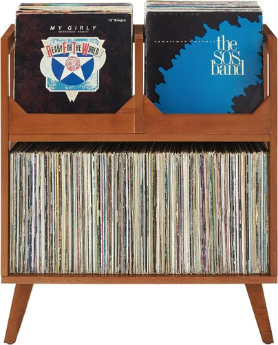 Crosley Furniture Asheville - Soporte para discos moderno de mediados de siglo, almacenamiento de vinilo, con capacidad para hasta 260 discos, nogal