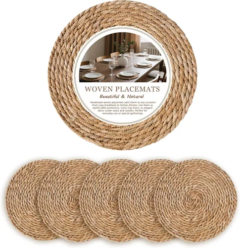 Juego de 6 manteles individuales redondos tejidos de 12.5 pulgadas, manteles individuales de ratán natural, cargadores bohemios para platos de cena,
