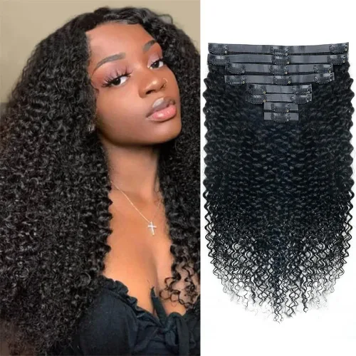 Miniatura 18 de Extensiones de cabello humano rizado con clip, 3C 4A, rizado con clip, cabeza completa, para mujeres negras, cabello humano brasileño Remy