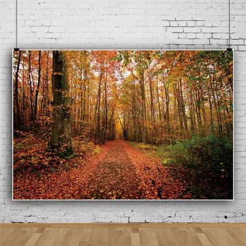 Miniatura 2 de Laeacco Telones de fondo de bosque otoñal para fotografía, 10 x 8 pies, fondo de paisaje natural de otoño, hojas amarillas, camino, día de Acción