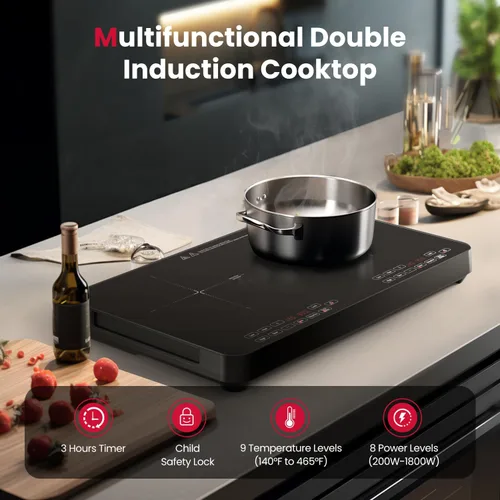 Miniatura 3 de GASLAND SwiftChef - Placa de inducción de doble quemador, encimera de inducción de 1800 W con 8 niveles de potencia, doble olla con control táctil