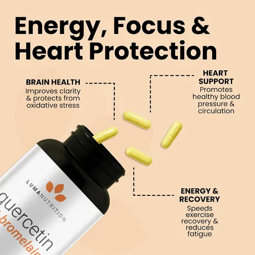 Miniatura 5 de Luma Nutrition Quercetina 500mg - Suplemento de quercetina con bromelina - Antioxidante - Apoyo inmunológico - Vegano y sin gluten - 60 cápsulas