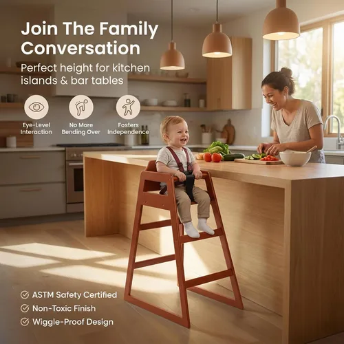 Miniatura 5 de Silla alta de madera para restaurante lista para montar, sillas altas para bebés, silla de alimentación duradera con escalones, sillas altas