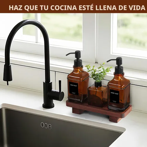 Miniatura 6 de Juego moderno de dispensador de jabón de cocina con bandeja de madera, dispensadores de jabón de vidrio ámbar con bomba, juego de dispensador