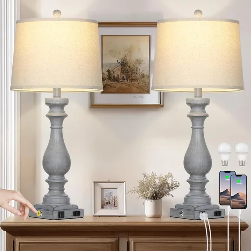 Miniatura 11 de Cinkeda Juego de 2 lámparas de mesa de 29 pulgadas de alto para sala de estar, lámparas vintage para mesita de noche con puertos USB C+A y salida