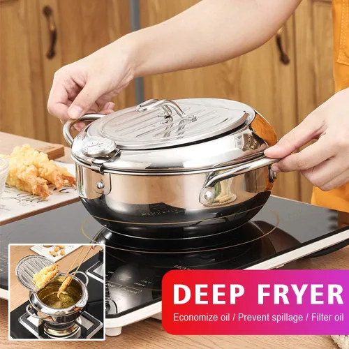 Miniatura 3 de Olla de acero inoxidable para freidora, sartén tempura, control de temperatura, mini olla de pollo con tapa y estante de filtro de aceite extraíble