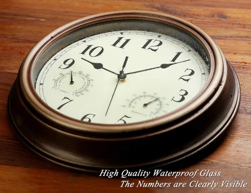 Miniatura 4 de Rsobl Reloj de pared para interiores y exteriores de 12 pulgadas, impermeable, con combinación de temperatura y humedad, funciona con pilas, reloj