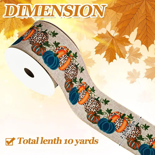 Miniatura 2 de Whaline Cinta de tela de calabaza de otoño con borde con alambre, cinta de tela de calabaza azul, cintas vintage para envolver para cosecha