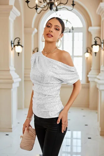 Miniatura 2 de GRACE KARIN Blusas brillantes de lentejuelas de un hombro para mujer, con purpurina asimétrica fruncida, adelgazante, camisas de fiesta brillantes