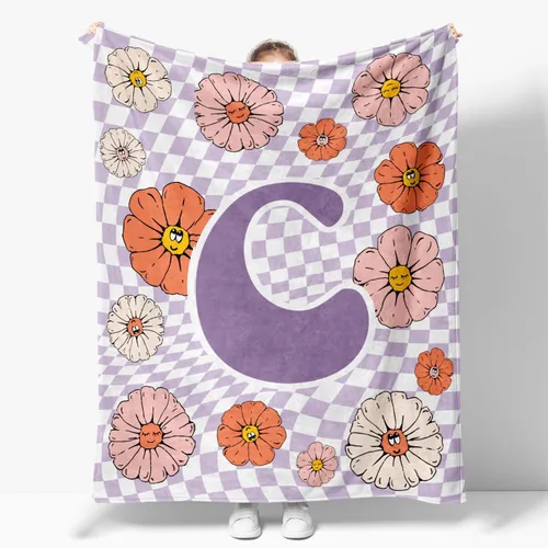 Miniatura 6 de Manta retro de los años 70 con inicial B floral a cuadros, groovy abstracta estética, manta de franela suave personalizada, regalos con monograma