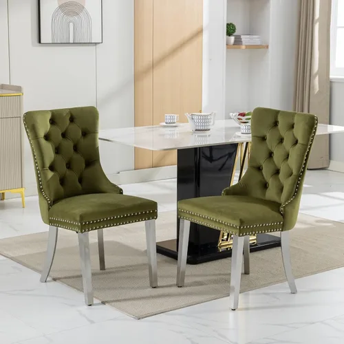 Miniatura 18 de Juego de 2 sillas de comedor de terciopelo, sillas decorativas tapizadas con patas de metal plateado, ribete de cabeza de clavo, tirador de anillo