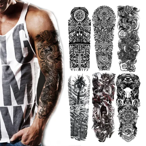 Kotbs 6 hojas de mangas temporales de tatuaje de tótem tribal grande, diseños realistas de dragón, reloj y vikingo, funda de tatuajes falsos para