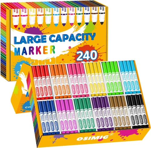 OSIMIG Marcadores lavables a granel, 240 unidades, 12 colores surtidos, marcadores para aula, punta cónica de línea ancha, gran capacidad,