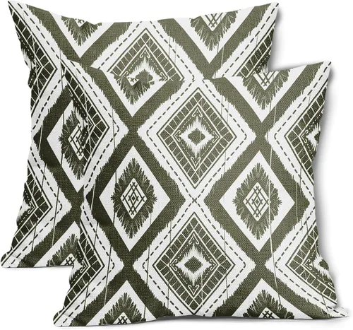 Miniatura 16 de Juego de 2 fundas de almohada geométricas de color naranja quemado de 18 x 18 pulgadas con diamantes Ikat de color marfil óxido, estilo bohemio