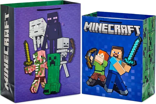 Miniatura 5 de Hallmark Paquete de bolsa de regalo Minecraft (2 bolsas: bolsa azul grande de 13 pulgadas, 15 pulgadas extra grande verde) para cumpleaños, Navidad