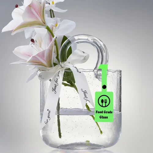 Jarrón de Bolso de Vidrio Grueso para Flores, Set de Regalo - (Bolso de Cristal de 5mm Hecho a Mano, Único y Bonito, Transparente Claro, con Caja de
