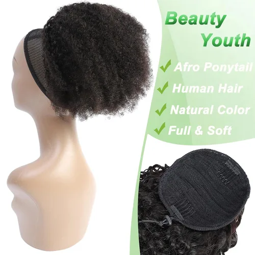 Miniatura 4 de Cola de caballo de cabello humano afro para mujeres negras, con cordón, 150 % de densidad, cabello virgen rizado 10A, extensiones de cabello 4C