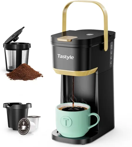 Tastyle Cafetera de Una Sola Porción de Una Taza, para Cápsulas K y Café Molido, Mini Cafetera con Mango Portátil, Tamaño de Preparación de 6 a 12