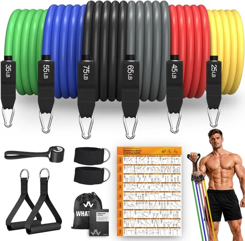 Miniatura 11 de WHATAFIT Juego de bandas de resistencia con asas, bandas de ejercicio para gimnasio en casa, equipo de entrenamiento de fuerza, incluye anclaje