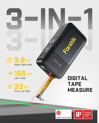 Miniatura 2 de Fanttik A10 Apex - Cinta métrica láser digital 3 en 1 con pantalla a color HD, medición láser recargable de 165 pies y láser de línea cruzada verde
