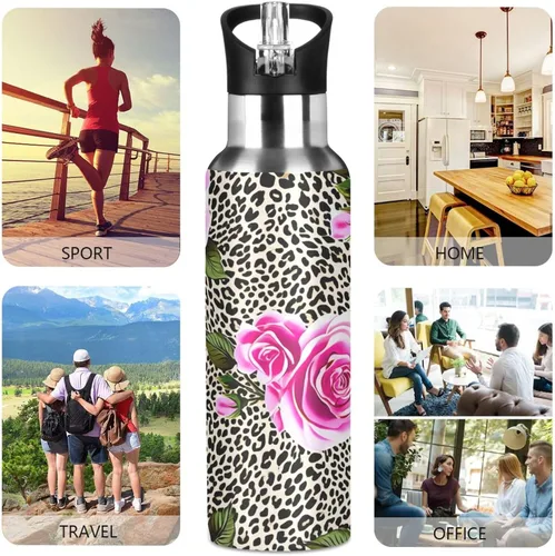Miniatura 5 de Pink Roses Leopard Print Stainless Steel Vacuum Insulated Water Bottle 20 Oz Leakproof Water Bottles, BPA-Free Sport Water Bottle Insulated