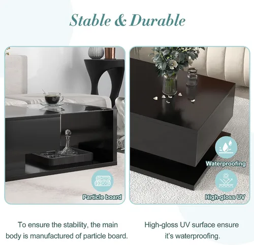 Miniatura 7 de Mesa auxiliar rectangular con vidrio templado, mesa moderna negra de dos niveles para sala de estar, mesa de centro de madera con cajón extraíble