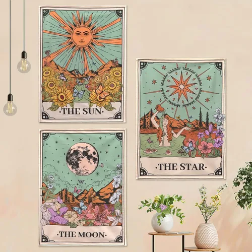 Aipon Tapiz de Tarot Lindo Juego de 3 Tapices de Tarot Sol Luna Estrella Floral Verde Pequeña Tapicería Estética para Colgar en la Pared para