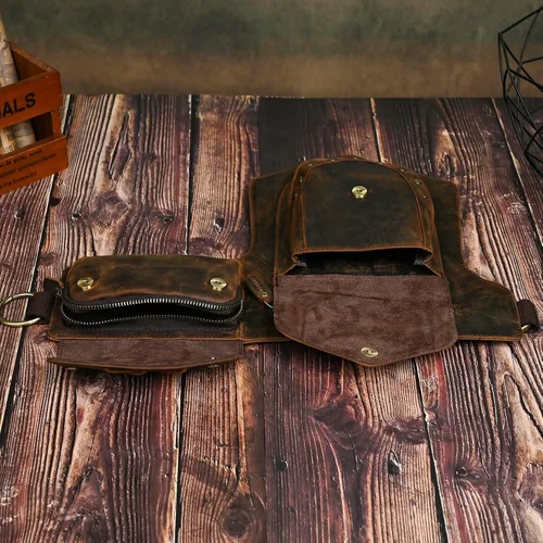 Miniatura 7 de Lona resistente al agua más cuero motocicleta riñonera un hombro gota pierna muslo bolsa para hombres mujeres N211-8, Marrón, Estilo vintage retro