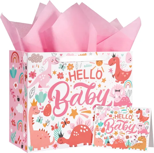Miniatura 9 de WRAPAHOLIC Bolsa de regalo extra grande de 16" para bebé niña con tarjeta y papel de seda - Para baby shower, bebé recién nacido Jirafa bebé niña
