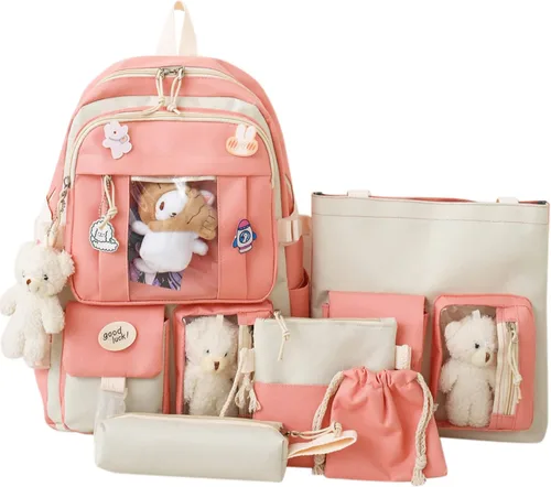 Mochila de viaje para mujer, 5 unidades, diseño de oso con diseño de dibujos animados, alfileres de alta capacidad, ligero, kawaii, preppy, mochila