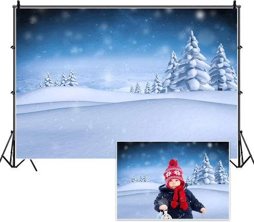Renaiss Telón de fondo de fotografía de paisaje de campo de nieve de invierno de 5 x 3 pies, fondo de nieve azul con copo de nieve borroso, escena