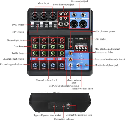 Miniatura 3 de Mezcladores DJ de 5 Canales Mesa de Mezcla de Audio con Bluetooth, Interfaz de Audio USB con Alimentación Phantom de 48V Mesa de Mezcla de Sonidos