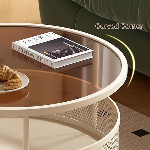 Miniatura 5 de Mesa de centro de cristal con ruedas giratorias, mesa de té redonda de 2 niveles con cesta de almacenamiento hueca de hierro, moderna mesa central