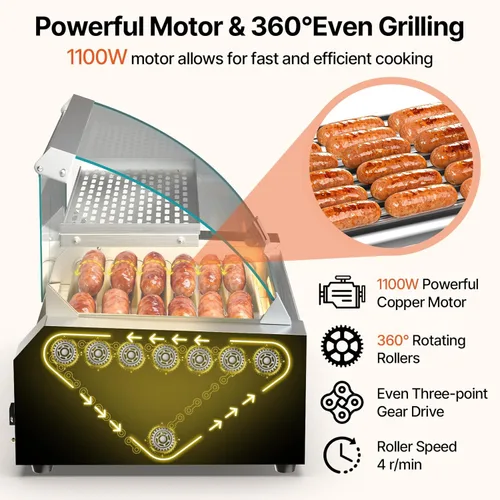 Miniatura 4 de Seeutek Rodillo para perros calientes con 7 rodillos, 24 perros calientes, capacidad de 1100 W, tostadora de perro caliente inoxidable con luz LED