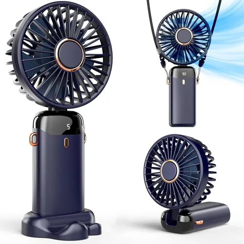 Ventilador portátil de mano con batería, 8 horas, pantalla digital, 5 velocidades, ajustable a 90°, mini ventilador recargable para interiores y
