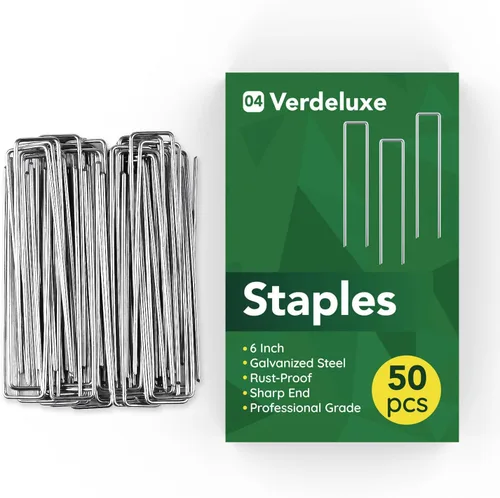 Verdeluxe Paquete de 50 grapas de jardín, estacas de jardín galvanizadas en forma de U de calibre 11 de 6 pulgadas, estacas de césped resistentes