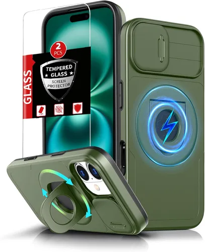 Miniatura 15 de Funda magnética para iPhone 11 Pro compatible con carga inalámbrica MagSafe, con 2 protectores de pantalla, anillo kickstand de 360° integrado +