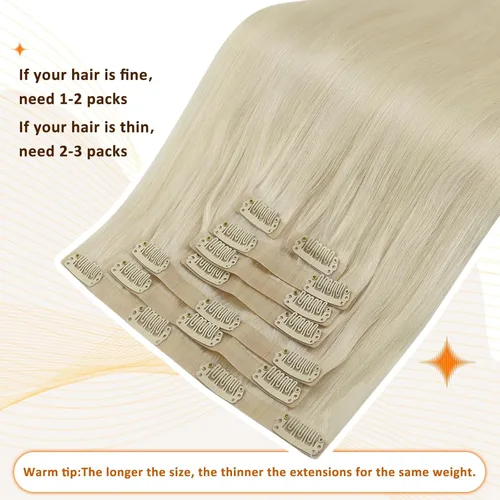 Miniatura 8 de Full Shine Extensiones de cabello humano con pinzas, cabello humano Remy invisible para mujer, color rubio platino, 20 pulgadas, 8 unidades, 4.23 oz