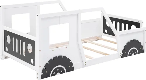 Miniatura 7 de Polibi Cama de plataforma, tamaño individual, cama clásica de madera en forma de automóvil con ruedas, cabecero, estribo, puertas, ventanas